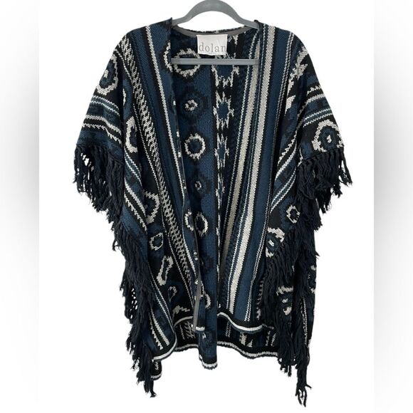 Anthropologie Dolan Avoca Poncho Open Front One‎ Size Blue Black Fringe - Picture 4 of 9